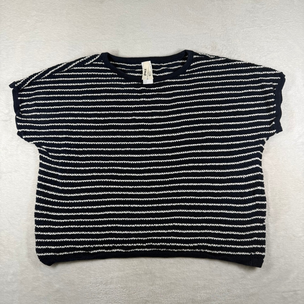 Pact WA1-W6N Navy Blue White Striped Organic Cotton Linen Knit Sweater Large